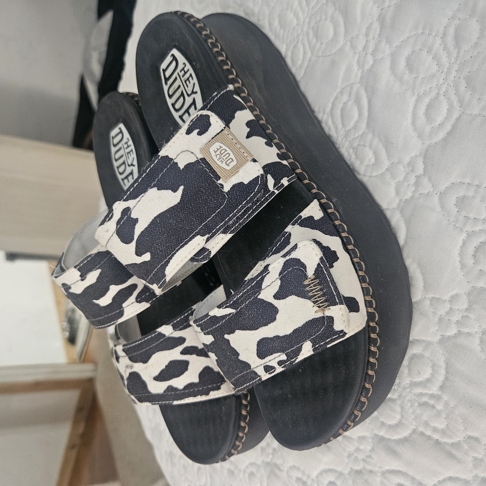 Hey Dude Black and White Sandals with Open-Back Design